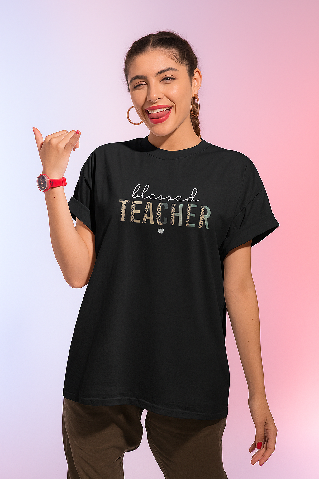 Women's Black T-Shirt "BLESSED TEACHER" printed, Premium 100% Cotton Regular Fit T-Shirt – Pre-Shrunk, Breathable & Built to Last