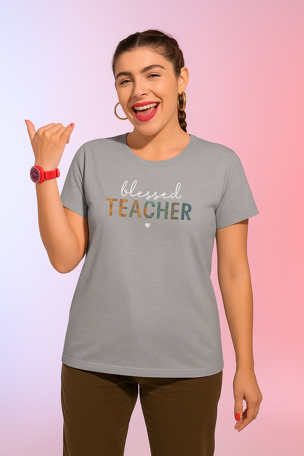 Women's Grey T-Shirt "BLESSED TEACHER" printed, Premium 100% Cotton Regular Fit T-Shirt – Pre-Shrunk, Breathable & Built to Last