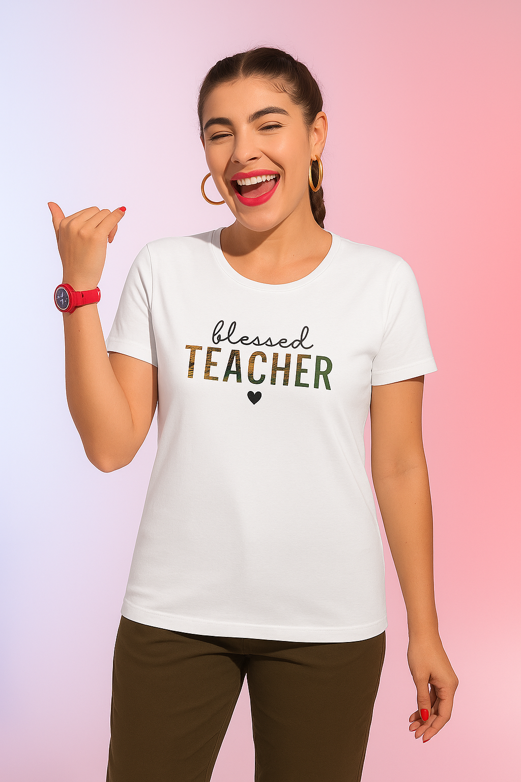 Women's White T-Shirt "BLESSED TEACHER" printed, Premium 100% Cotton Regular Fit T-Shirt – Pre-Shrunk, Breathable & Built to Last